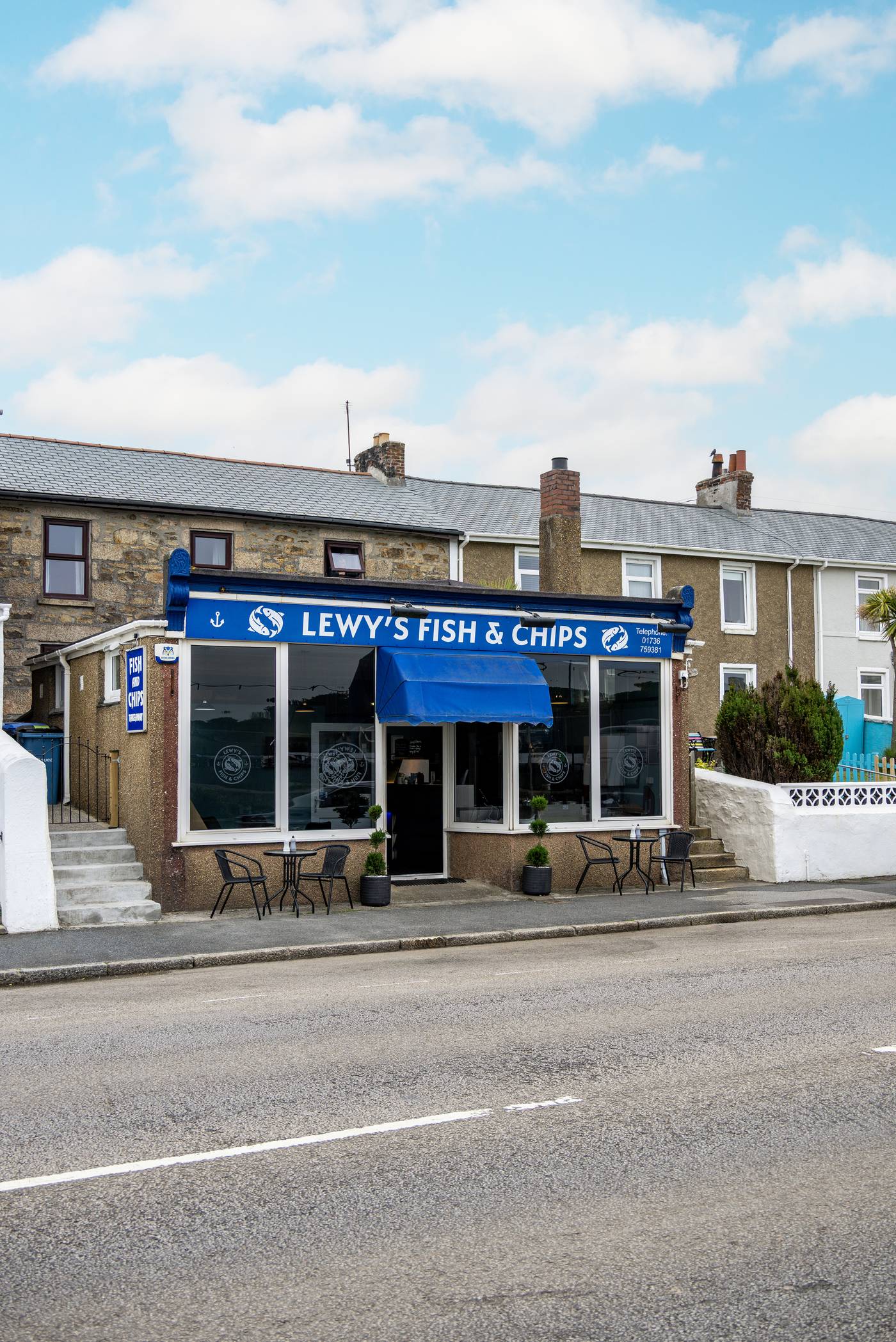 Lewy's Fish & Chips shop front in summer, Hayle