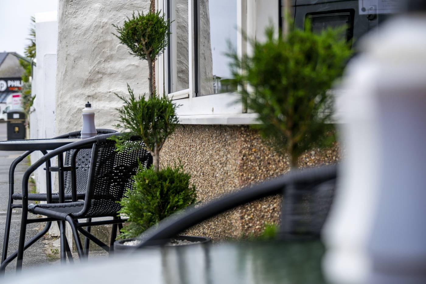 Outdoor table at Lewy's with topiary