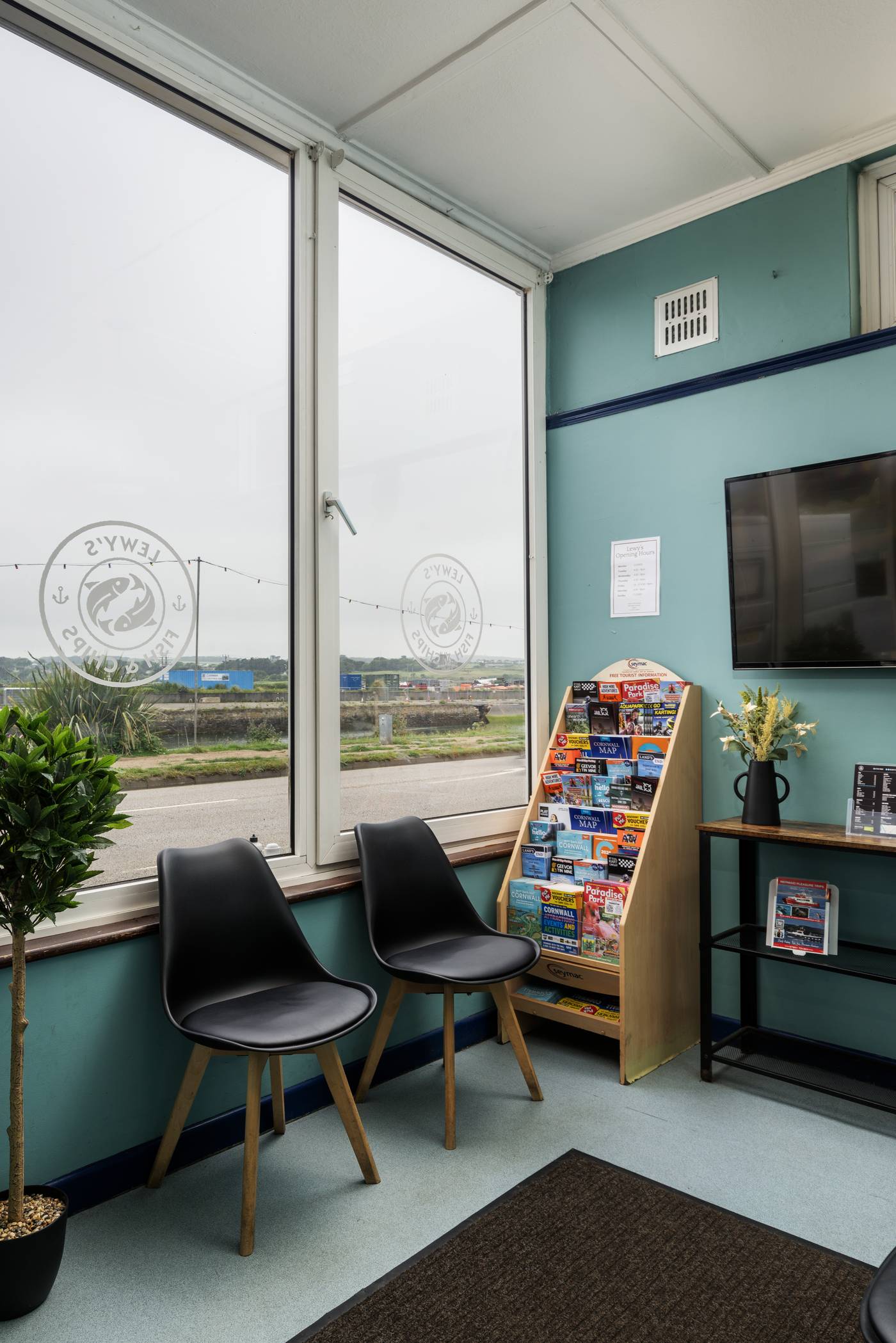 Window seating area at Lewy's Fish & Chips, Hayle