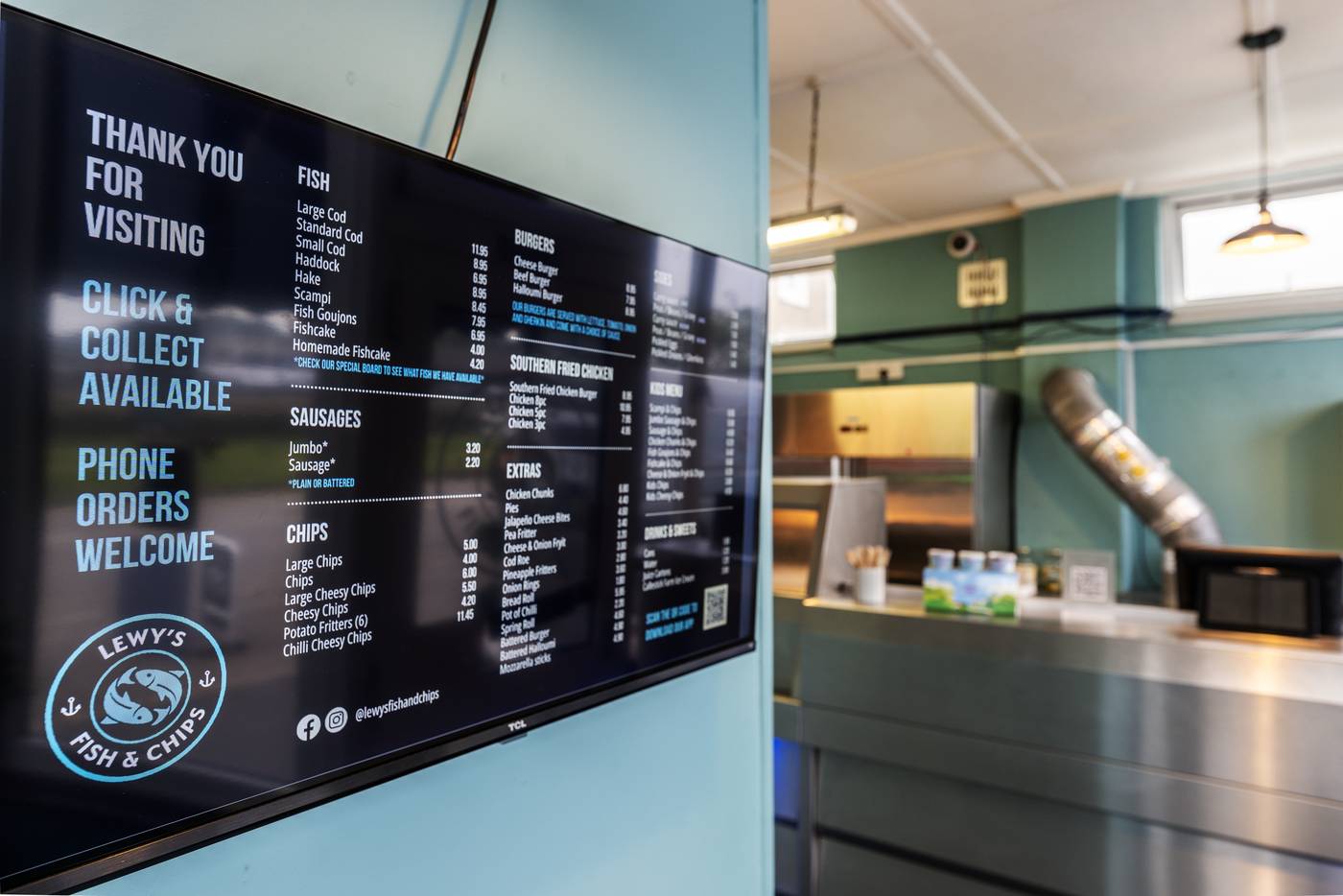 The digital menu board at Lewy's Fish & Chips