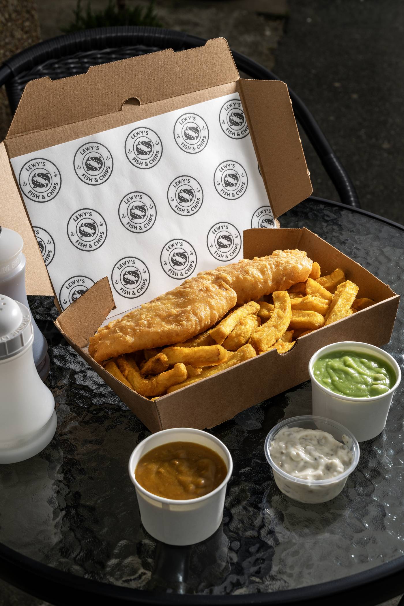 Cod and chips with curry sauce and tartare from Lewy's