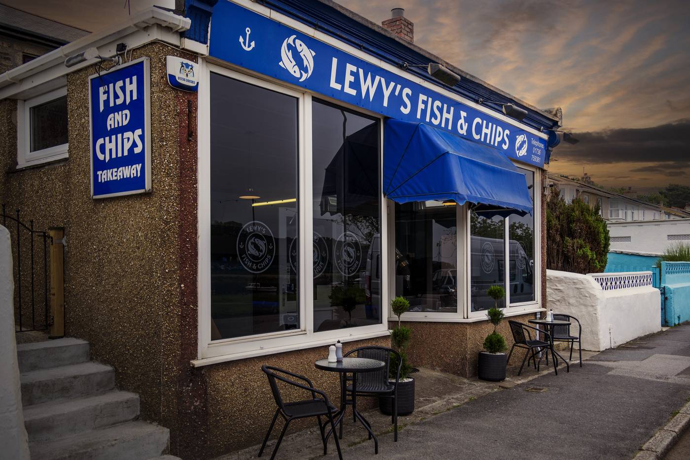 Lewy's Fish & Chips shop with the takeaway sign